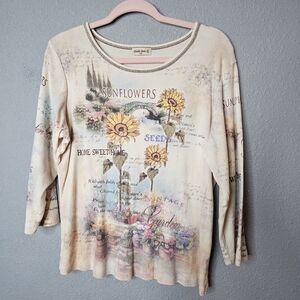 Studio Gem Q Womens L Shirt Sunflower Garden Floral Y2K Vintage Tee Summer Beige